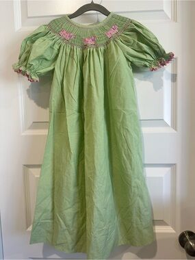 Vintage Kelly’s Kids Smocked Dress Girls Size S (5-6) Green Gingham EUC